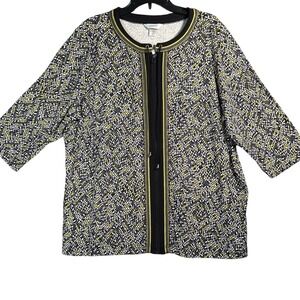 Cj Banks Full Zip Top Jacket Black Gray Yellow Drawstring 3/4 Sleeves Cotton 2X